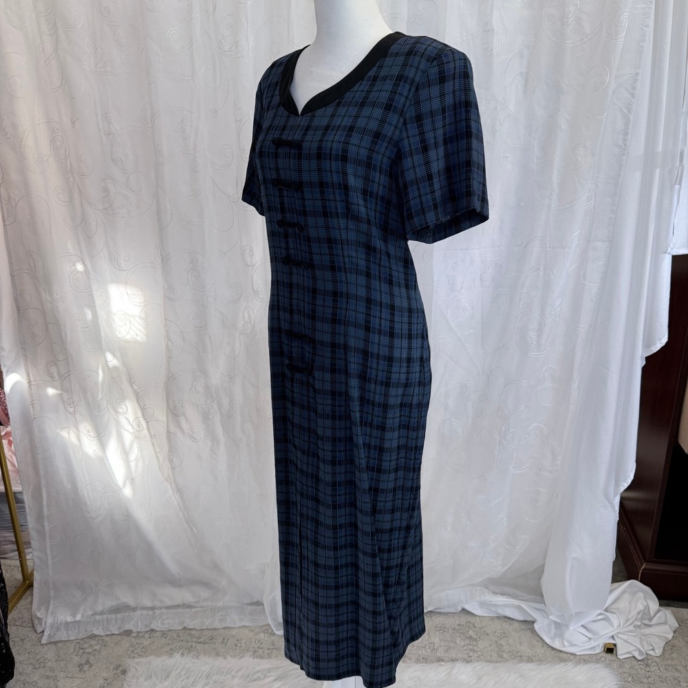 Dawn Joy II Vintage Plaid Midi Dress Blue Black Frog Closure Petite 12P USA Made - Picture 2 of 8